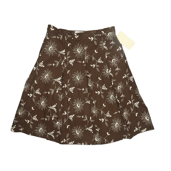 Linen Blend Brown Skirt Sz 8 White Floral Embroidery A-line Made in France Orsay - Picture 1 of 10